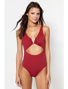 Trendyol Claret Red V-Neck accesorizat Regular Leg Swimsuit