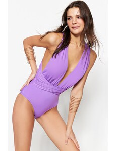Trendyol Purple Deep-Decollete Draped Regular Leg Swimsuit