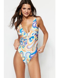 Trendyol Abstract Pattern V-Neck Accessorized High Leg Swimsuit