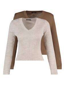 Trendyol Brown-Stone V-Neck 2-Pack Tricotaje pulover