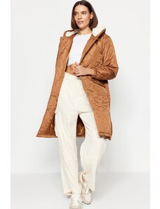 Trendyol Camel Oversize Belted Hooded Quilted Coat
