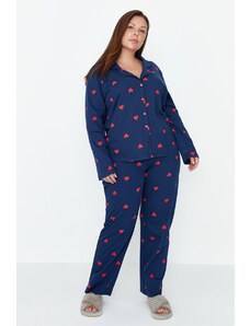 Trendyol Curve Navy Blue Heart Shirt Collar Knitted Pajamas Set