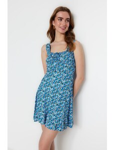 Rochie mini tricotată Trendyol Blue cu guler pătrat imprimat Ruffle A-Line