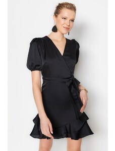 Trendyol negru cu centură dublă piept satin mini țesut rochie țesută