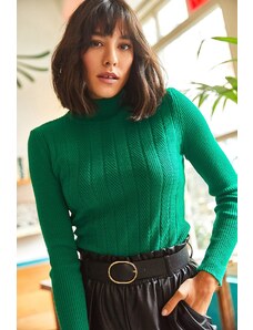 Olalook femei smarald verde jumătate turtleneck zigzag texturat moale tricotaje pulover