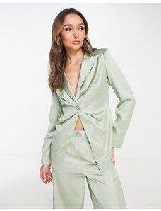 Extro & Vert Bridesmaid fitted satin blazer with heart jewel button co-ord-Green