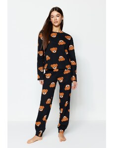 Trendyol Black 100% Cotton Teddy Bear Printed Tshirt-Jogger Knitted Pajama Set