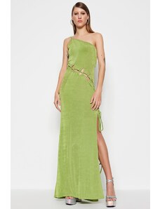 Trendyol Oil Green Tricotat Window/Croite Detailed Long Evening Dress