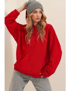 Trend Alaçatı Stili Women's Red Hooded Kangaroo Pocket 3 Thread Thick Sweatshirt