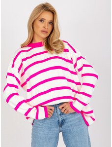 Fashionhunters Fluo pink and ecru striped oversized sweater with stand-up collar by RUE PARIS