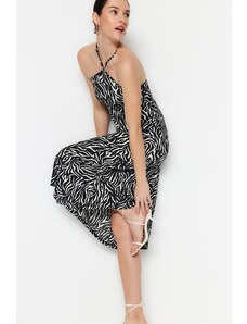 Trendyol Black Zebra Patterned Barbell Neck Shift/Straight Midi Knitted Dress