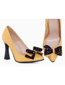 Pantofi eleganti dama Diane Marie P 242 piele naturala, galben cu fundita multicolor
