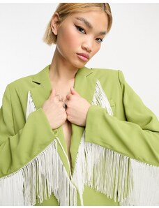 Extro & Vert relaxed blazer with fringe in green & white co-ord