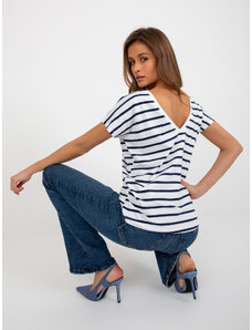 Fashionhunters White and dark blue basic T-shirt with neckline at the back