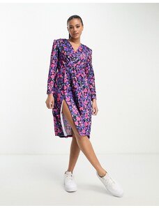 Rebellious Fashion wrap front midi dress in purple, pink and blue floral-Multi