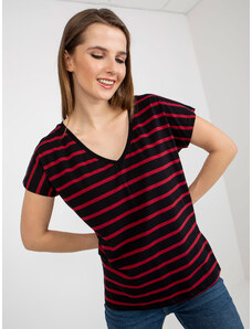 Fashionhunters Black and Red Women's Basic Striped Cotton T-Shirt