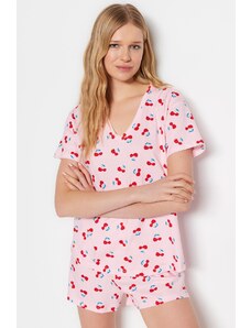 Trendyol Light Pink 100% Cotton Cherry Patterned T-shirt-Shorts Knitted Pajamas Set