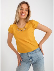 Fashionhunters Dark yellow formal blouse with application and short sleeves
