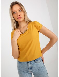 Fashionhunters Dark yellow short formal blouse with necklace
