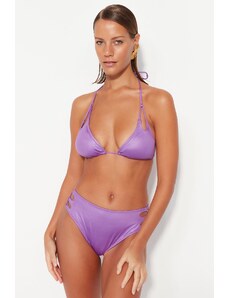 Trendyol Purple Triangle Cut Out/Window Shiny Lac Printed Bikini Top