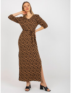Fashionhunters Camel and black midi dress with viscose prints