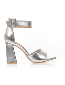 Tsoukalas Sandale cu toc Argintii imitație de piele cu design special la toc și baretă la gleznă