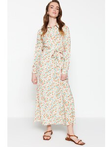 Rochie cămașă țesută Trendyol Crispy Floral Patterned Ecru 100% Vâscoză cu curea