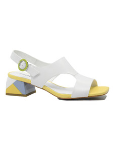 Sandale elegante Feeling albe din piele naturala, cu toc mozaic FLGMH003