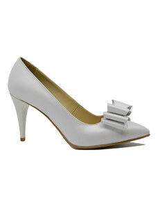 Pantofi stiletto Catinca, alb sidefat, cu fundita, din piele naturala SORA15