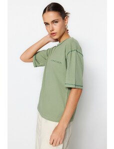 Trendyol Verde Carioca cusute imprimate Loose tricotate T-Shirt