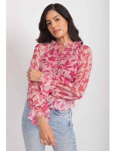 Aroop Floral Chiffon Ruffle Blouse - Pink Red