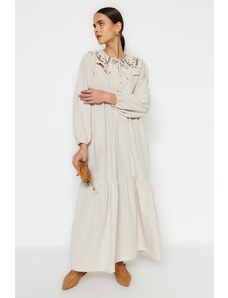 Trendyol Cream Collar With Embroidered Half Patties, Linen-Look Woven Dress