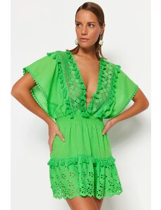 Trendyol Green Mini Broderie țesută 100% rochie de plajă din bumbac