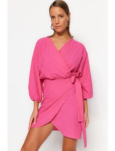 Rochie de plajă Trendyol Pink mini țesută cu piept dublu 100% bumbac