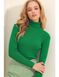 Trend Alaçatı Stili femei smarald verde turtleneck corduroy tricotaje pulover