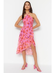 Trendyol roz midi țesut căptușit frilly asimetric fustă model floral rochie țesută