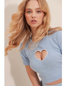 Trend Alaçatı Stili Women's Blue Crew Neck Heart Embroidery Half Sleeves Corduroy Camisole Crop Blouse