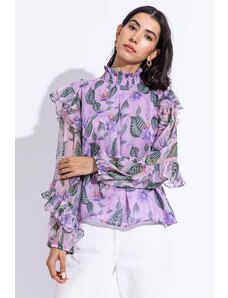 Aroop Floral Chiffon Ruffle Blouse - Lilac Violet