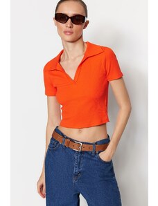 Trendyol Orange Fitted/Situated Crop Polo Neck Ribbed Stretch Knit Blouse