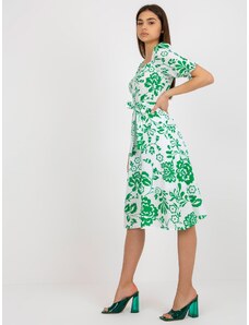 Fashionhunters White and green patterned midi dress with belt