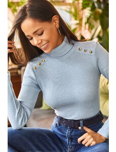 Olalook Women's Baby Blue Shoulder Button Detailed Turtleneck Shark Sweater