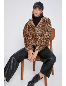 Jachetă de pluș Koton cu imprimeu leopard cu hanorac