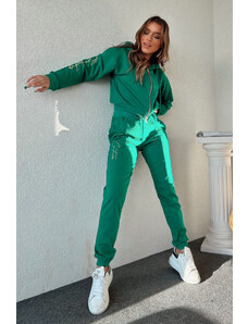 FashionForYou Trening cu bumbac Signature, cu text imprimat, bluza cu fermoar si pantaloni cu banda elastica la extremitati, Verde (Marime: S)