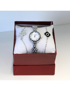 FashionForYou Set elegant Francesca di Geneva, cu ceas metalic, aspect floral si doua bratari asortate din inox, Argintiu (Tip: Set bijuterii)