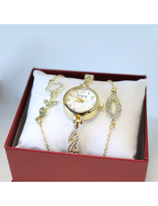 FashionForYou Set elegant Francesca di Geneva, cu ceas metalic, aspect impletit, cristale si doua bratari asortate din inox, Auriu (Tip: Set bijuterii)