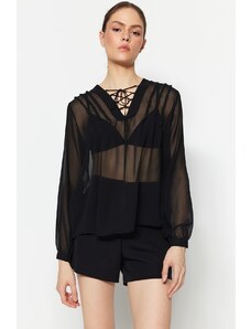Trendyol Black Weave Sheer Blouse with Lace-up Detail