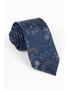 GAMA Cravata din matase naturala bleumarin cu model floral argintiu si roz
