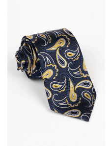 GAMA Cravata din matase naturala bleumarin cu model floral auriu