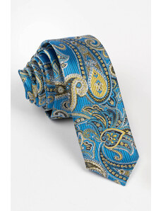 GAMA Cravata ingusta albastra cu imprimeu paisley auriu, argintiu si negru