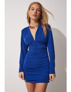 Happiness İstanbul Women's Blue Deep V-Neck Pleated Mini Jersey Dress